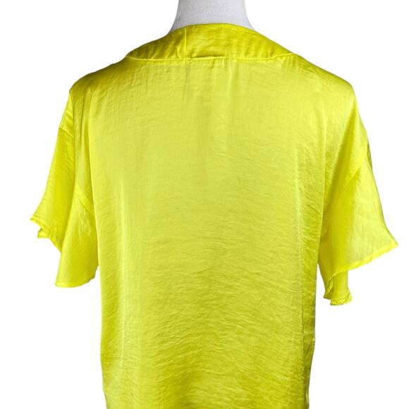 Ivy Jane Bright Neon Yellow Satin V-neck Flutter Short Sleeve Blouse - Picture 9 of 13
